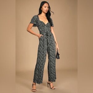 Lulus Awesome Blossoms Black Floral Print Flutter Sleeve Jumpsuit